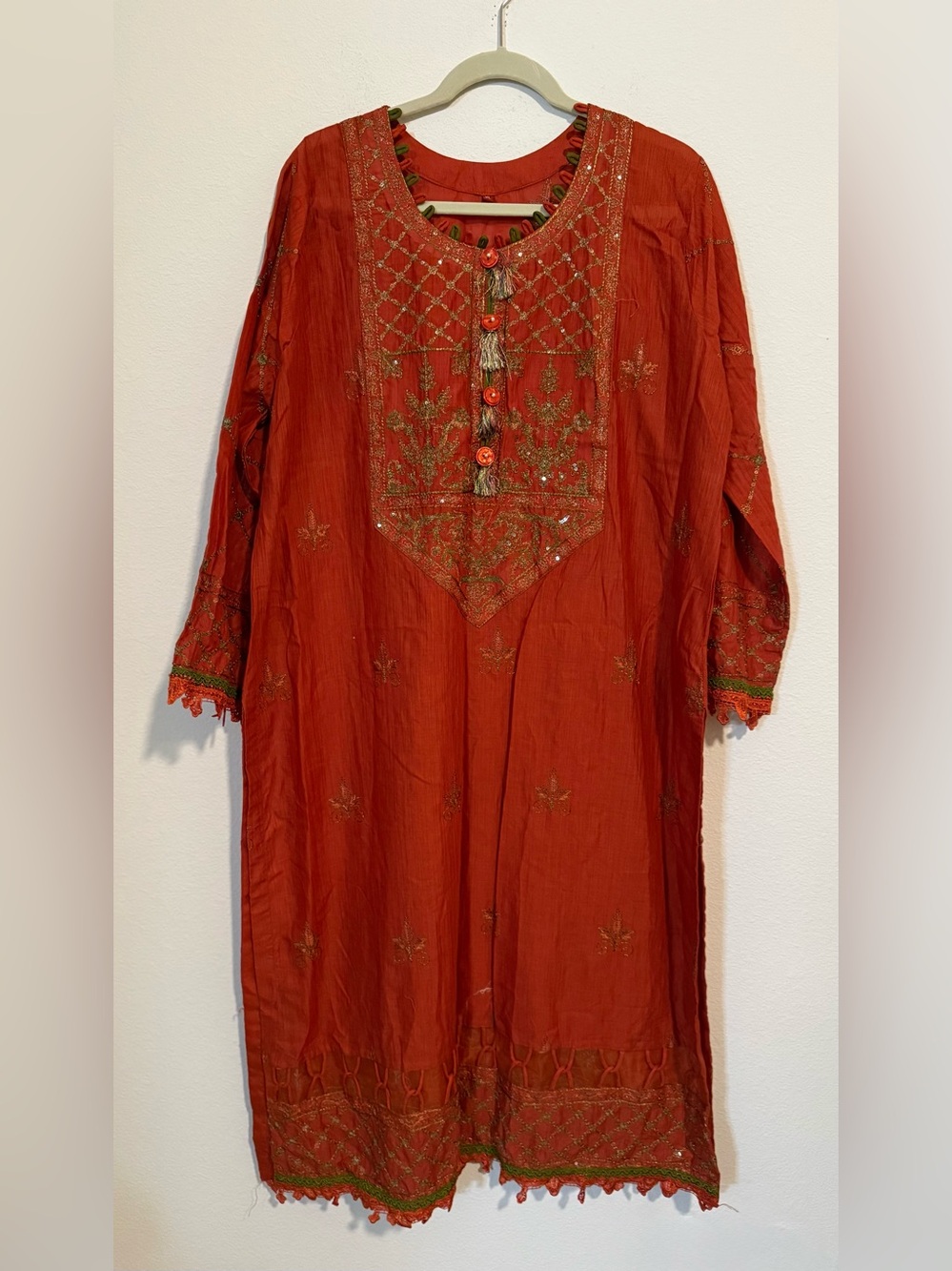 Three piece burnt orange shalwar kameez with dupatta